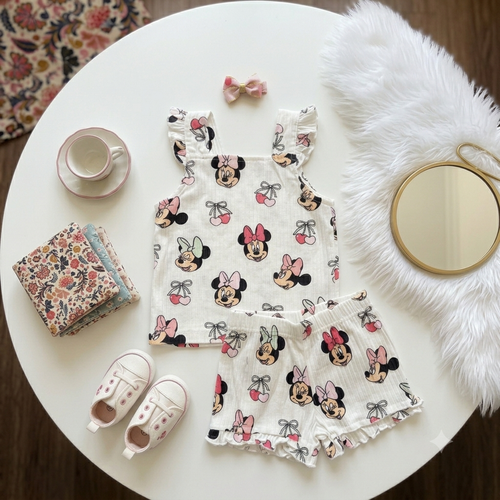 White Minnie Button-Front Top & Shorts Set
